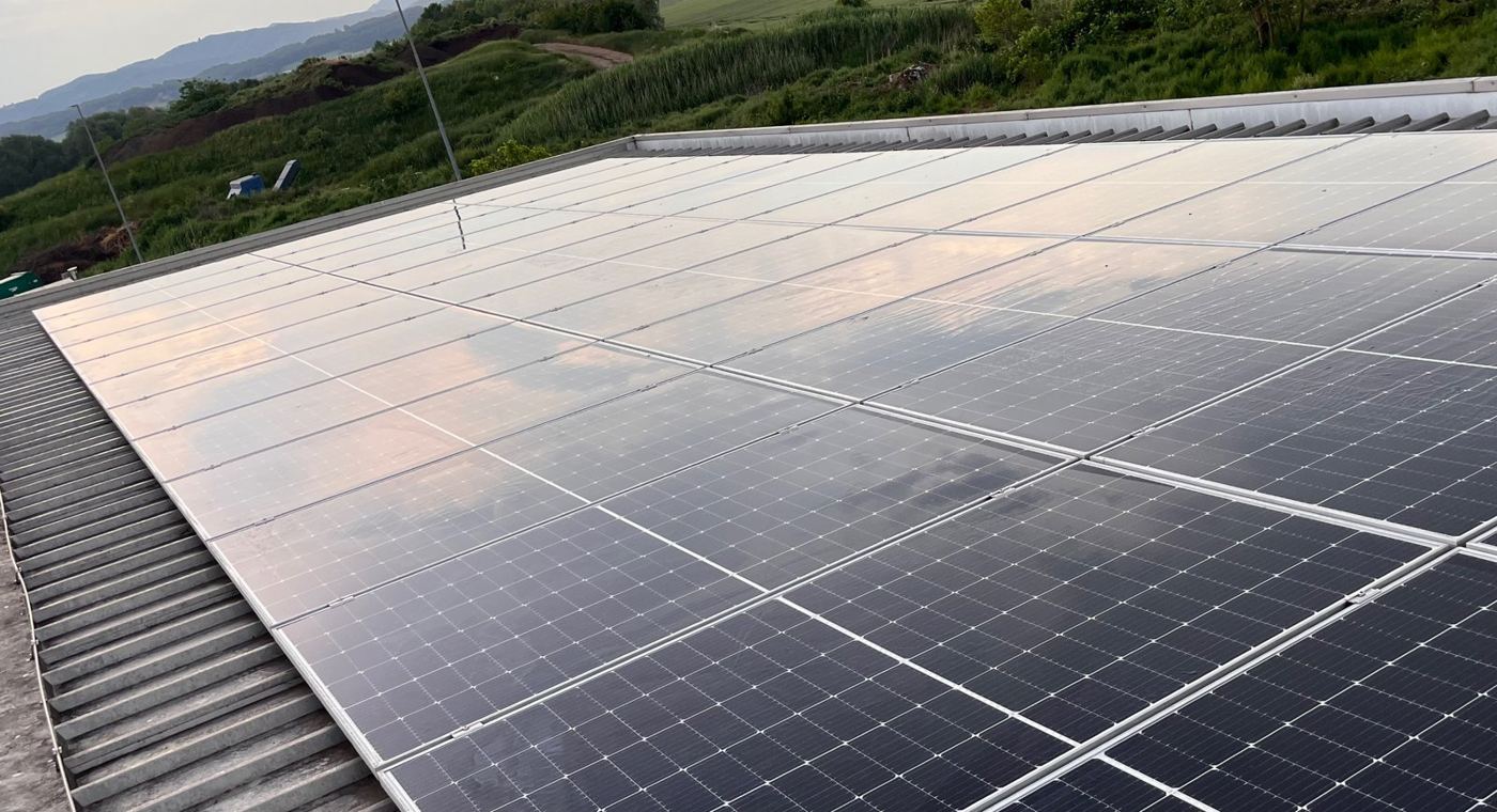 Čiščenje sončne elektrarne – industrijska streha – po čiščenju (Očiščeno polje panelov)